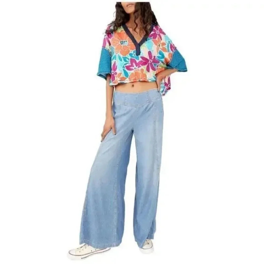 Free People On A Boat Boxy Crop Polo XS Coastal Floral NWT